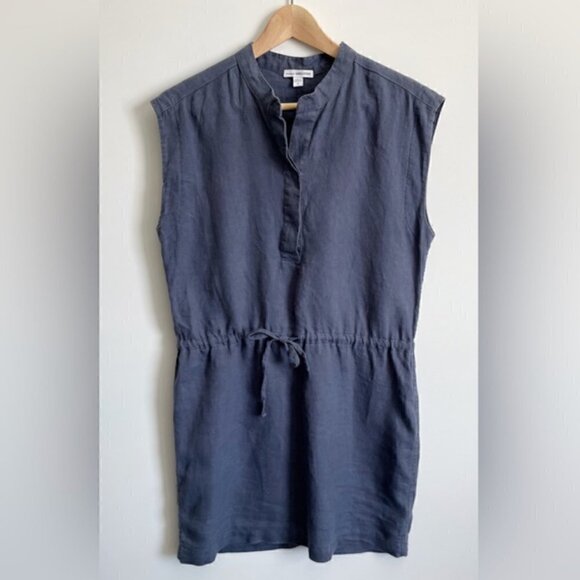 James Perse Dress 2 M 100% Linen Drawstring Waist Sleeveless Blue Luxury Cinched - Picture 2 of 7